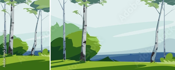 Fototapeta Landscape with birches. Natural scenery in different formats.