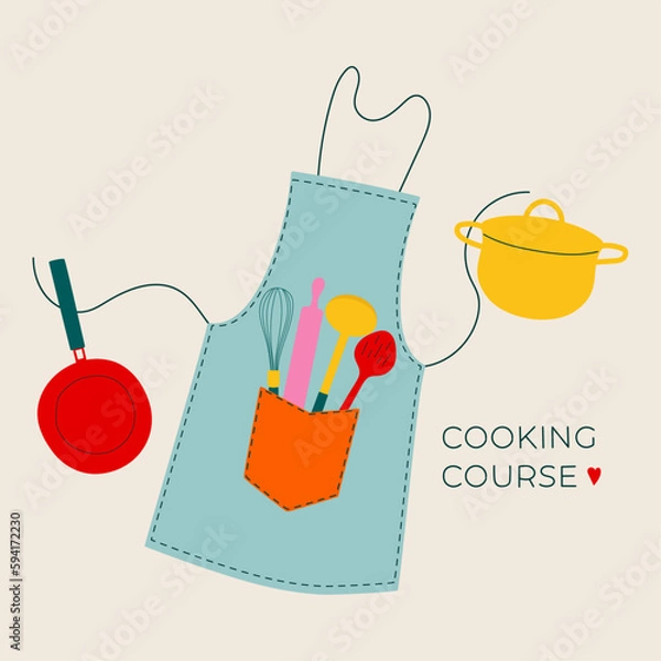 Fototapeta Cooking course. Kitchen tools banner in doodle style. Background with hand drawn dishes. Vector poster with cutlery. Cooking classes poster.
