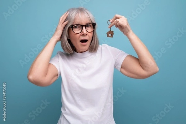 Fototapeta middle age business. smart mature woman pensioner holds the keys to the purchased real estate on the studio background with copy space