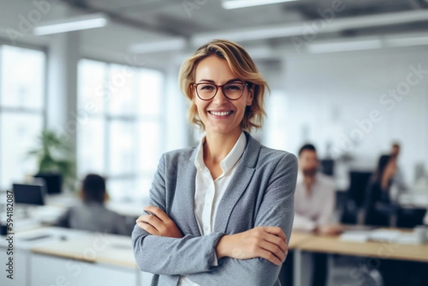 Obraz Business woman standing competently and smiling in open plan office - theme woman power, career or manager - Generative AI