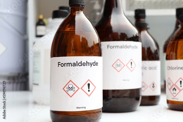 Fototapeta Formaldehyde, Hazardous chemicals and symbols on containers