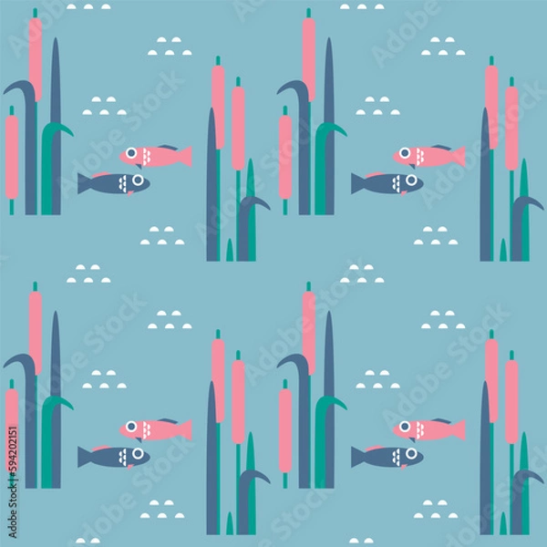 Fototapeta Seamless pattern with fish in the reeds on the lake for printing on textiles and packaging. Natural vegetation in flat graphic geometric style. Concept illustration about fishing. Camping.