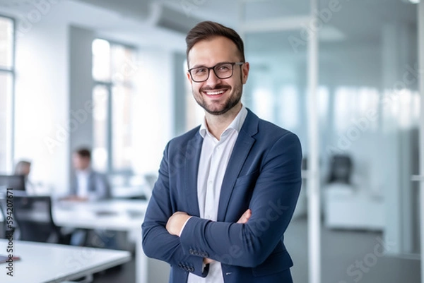 Obraz Man stands in suit in modern open-plan office and laughs contentedly and sympathetically - topic manager, executive or success - Generative AI