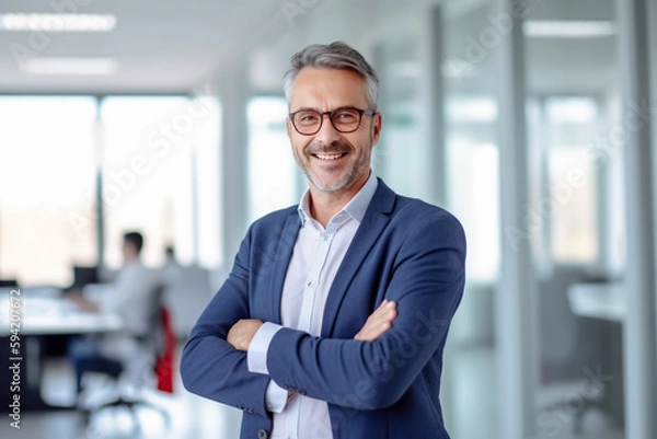Obraz Business man stands smiling in modern office - theme competence or manager - Generative AI