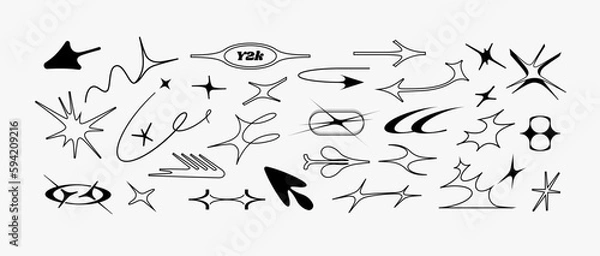 Fototapeta Set of icons of acid flare shapes and arrows. supernova explosion space figures in Y2k korean style. Vector illustration