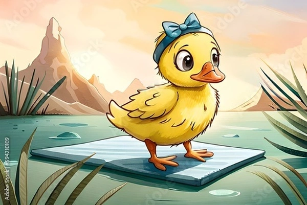 Obraz a cute yellow duckling with a blue headband is exercising in nature on a blue mat. Generative AI