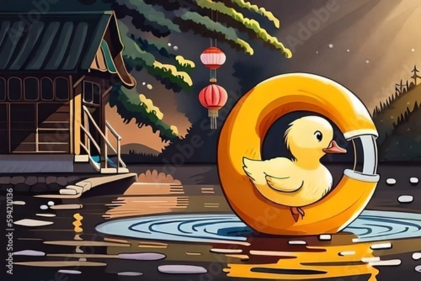 Obraz illustrated yellow cute duckling floating in an orange circle on the water in a Japanese garden. Generative AI