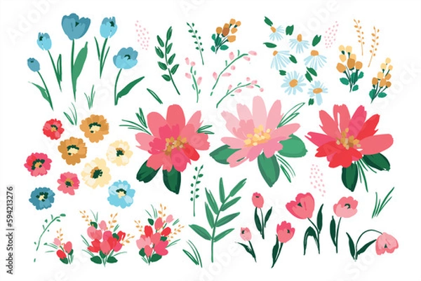 Obraz Set of abstract floral design elements. Leaves, flowers, grass, branches Vector