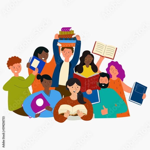 Obraz Bookcrossing concept. Happy people exchanging, borrowing and recommending paper books. Modern illustration of book lovers, readers, literature fans isolated on white background. 