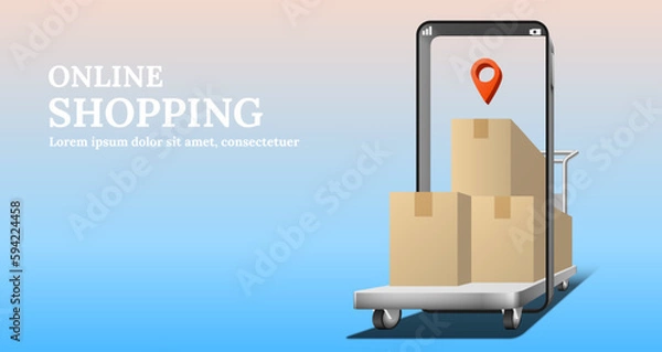 Fototapeta Parcel packaging boxes on shopping cart with location map pin run through phone. Online shopping concept 3d vector.