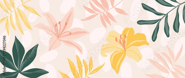 Fototapeta Abstract floral art background vector. Botanical hand drawn flowers, leaves, lily. Blossom pattern design illustration for wallpaper, banner, print, poster, cover, greeting and invitation card.