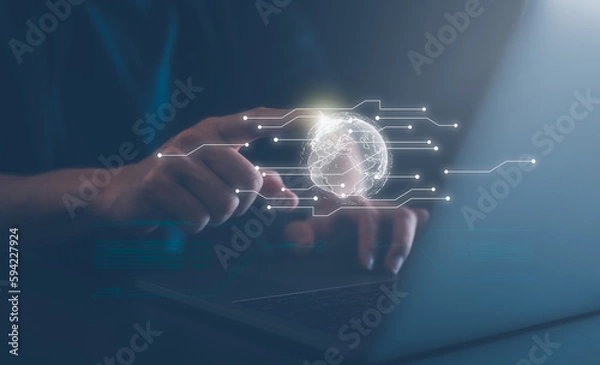 Obraz Global network connection concept. Big data analytics and business intelligence concept. World map point and line composition concept of global business.Digital link tech.