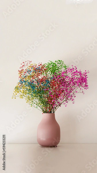 Fototapeta Multicolored flowers in a small pink vase on a white smooth surface