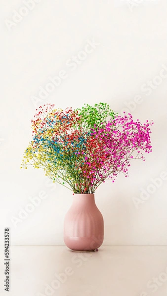 Fototapeta Multicolored flowers in a small pink vase on a white smooth surface
