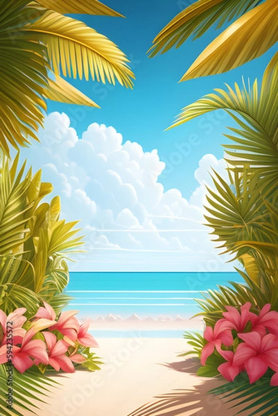 Fototapeta Tropical beach with palm trees and sea. Generative AI