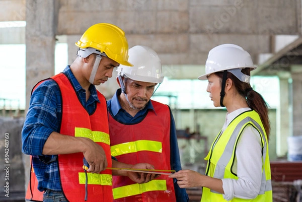 Fototapeta team of engineer, architect foreman together with safety operator measuring material while inspecting infrastructure construction progress for sustainable green building at site preparation