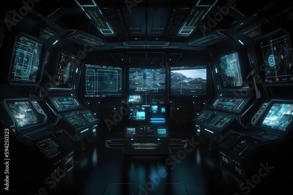 Fototapeta Dark sci-fi spaceship interior with button, monitor and display design. Generative Ai