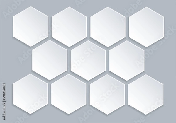 Fototapeta Set of white hexagons on gray background. Infographic templates design. 11 Empty honeycombs with place for images. Vector realistic. Futuristic monochrome Mockup. EPS10. 
