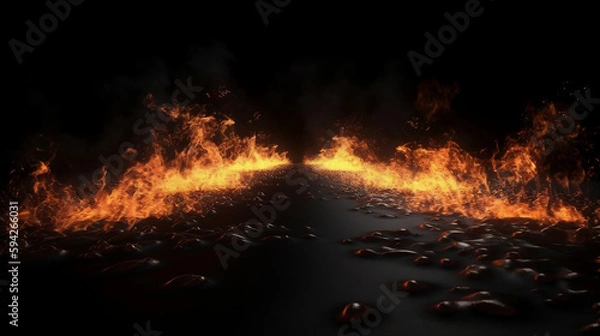 Fototapeta Blazing flames and road on fire over black background. Generative AI.