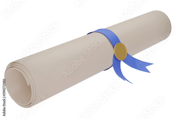 Fototapeta Diploma, close up of paper scroll with blue ribbon isolated on white background. Graduation Degree Scroll with Medal. Education certificate graduation scroll icon.  3D png illustration.