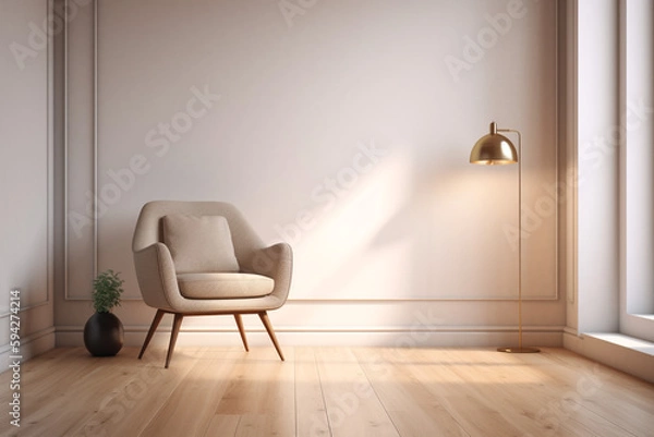Fototapeta interior of a room armchair, wood floor, empty white background,  Generative AI	