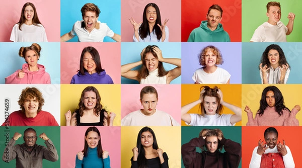 Fototapeta Anger and irritation. Collage of different young people, men and women of diverse nationality showing emotions of annoyance over multicolored background. Concept of emotions, human rights and equality