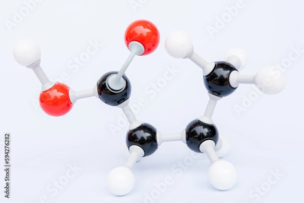 Obraz  Butanoic acid molecular structure isolated on white background. Chemical formula is C4H8O2., Chemistry molecule model for education on white background