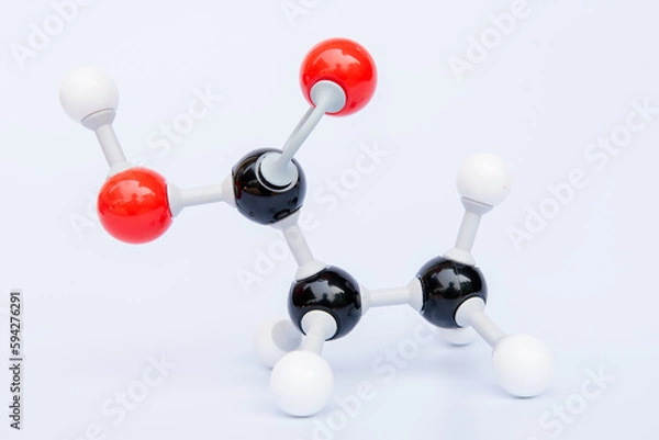 Obraz Propanoic acid molecular structure isolated on white background. Chemical formula is C3H6O2., Chemistry molecule model for education on white background