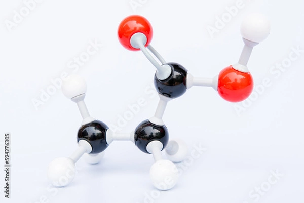 Obraz Propanoic acid molecular structure isolated on white background. Chemical formula is C3H6O2., Chemistry molecule model for education on white background

