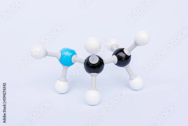 Obraz Ethanamine molecular structure isolated on white background. Chemical formula is C2H5NH2, Chemistry molecule model for education on white background