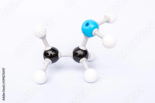 Obraz Ethanamine molecular structure isolated on white background. Chemical formula is C2H5NH2, Chemistry molecule model for education on white background