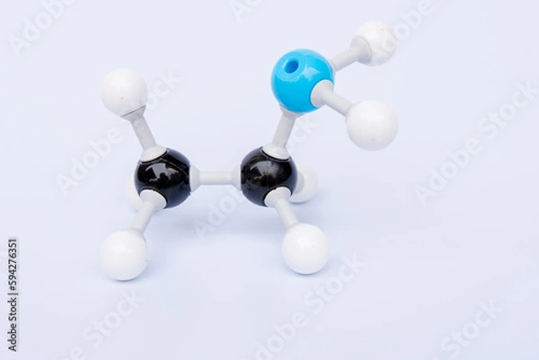 Obraz Ethanamine molecular structure isolated on white background. Chemical formula is C2H5NH2, Chemistry molecule model for education on white background