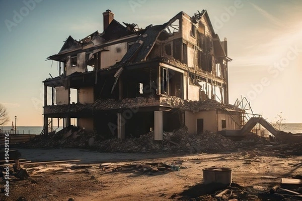 Fototapeta A Large House That Is Being Demolished By The Ocean Side With A Crane Beach House Documentary Photography Home Insurance Generative AI