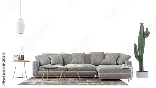Fototapeta Interior furniture set 3D render. Living room house floor template background mockup design , isolated on transparent background