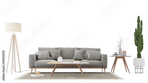 Fototapeta Interior furniture set 3D render. Living room house floor template background mockup design , isolated on transparent background