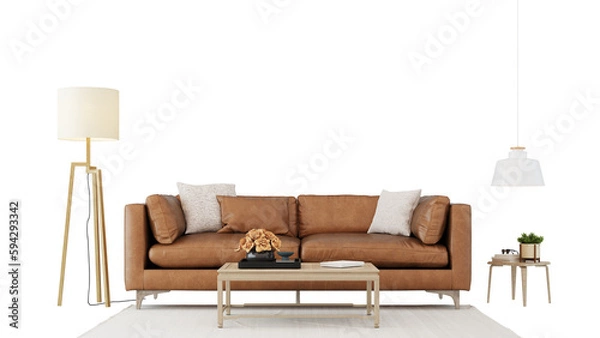 Fototapeta Interior furniture set 3D render. Living room house floor template background mockup design , isolated on transparent background
