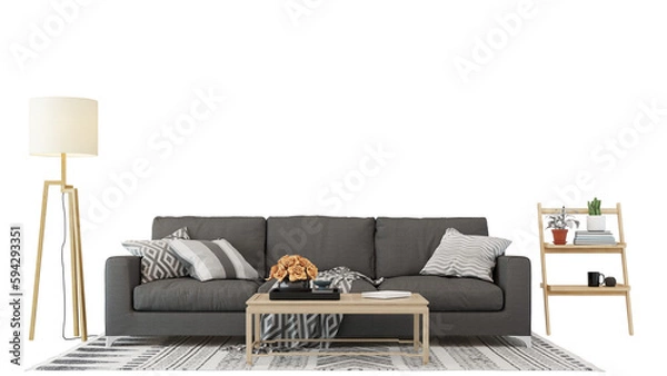 Fototapeta Interior furniture set 3D render. Living room house floor template background mockup design , isolated on transparent background