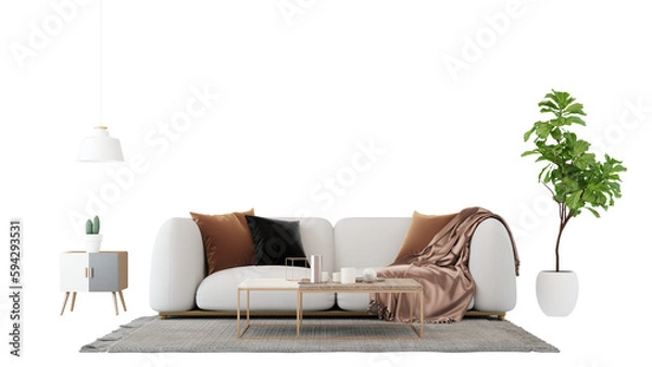 Fototapeta Interior furniture set 3D render. Living room house floor template background mockup design , isolated on transparent background