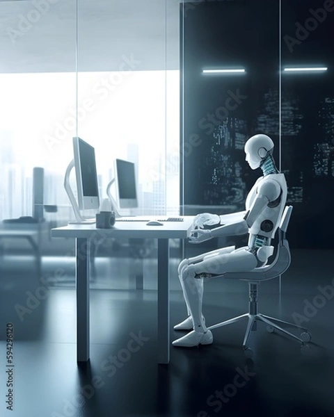 Fototapeta Code Crafting Cyborg - A Robot Programming in the Office