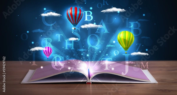 Fototapeta Open book with glowing fantasy abstract clouds and balloons