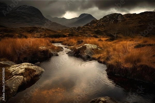Fototapeta A Stream Running Through A Lush Green Field Under A Cloudy Sky Scottish Loch Landscape Photography Landscape Photography Generative AI