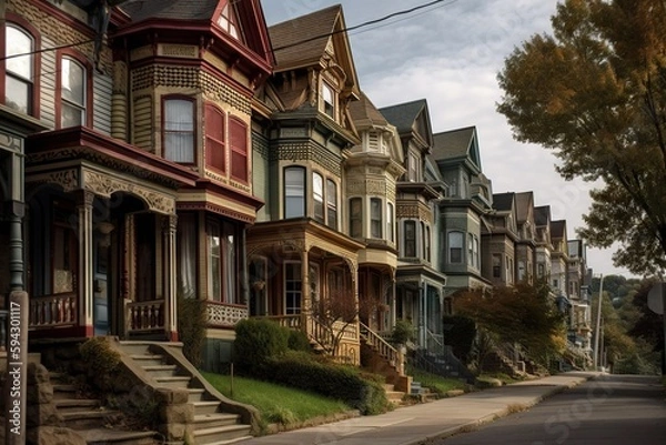 Fototapeta A Row Of Houses With A Steeple And A Staircase Leading Up To The Second Floor Historic Home Color Photography Home Insurance Generative AI