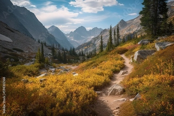 Fototapeta A Trail In The Mountains With Yellow Flowers And Trees On The Side Rustic Mountain Trail Landscape Photography Landscape Photography Generative AI