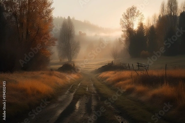 Fototapeta A Dirt Road With A Fence And Trees In The Background On A Foggy Day Rural American Countryside At Sunrise Landscape Photography Landscape Photography Generative AI
