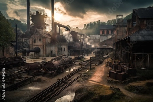 Fototapeta A Train Yard With A Lot Of Train Tracks And Buildings On It Abandoned Factory At Sunset Stereoscopic Photography Industrial Photography Generative AI