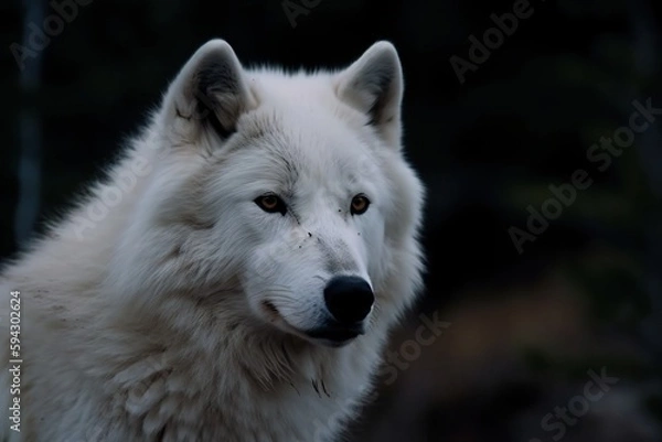 Fototapeta A White Wolf With Blue Eyes Looking At The Camera With A Black Background Tundra Wildlife Photography Wildlife Generative AI