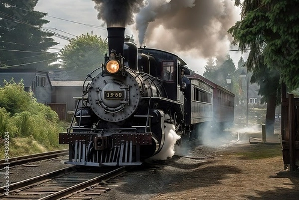 Fototapeta A Train Is Traveling Down The Tracks With Smoke Coming Out Of It Train Station Travel Photography Trains Generative AI