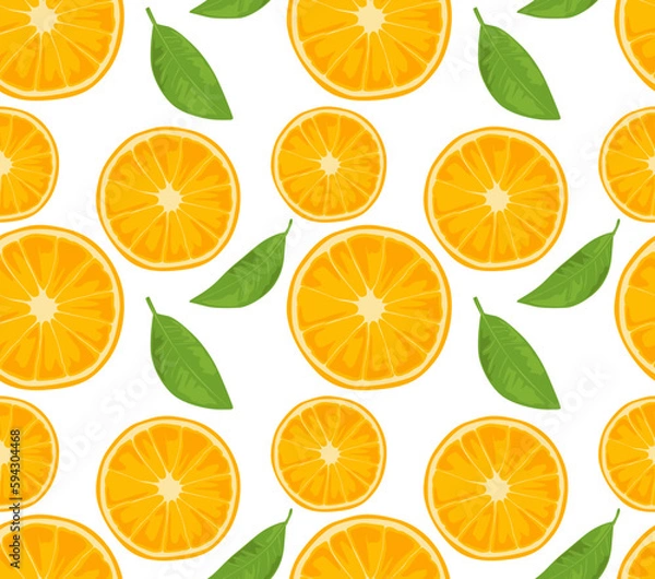 Fototapeta Round slices of oranges with leaves. Seamless pattern in vector. Suitable for prints and backgrounds.