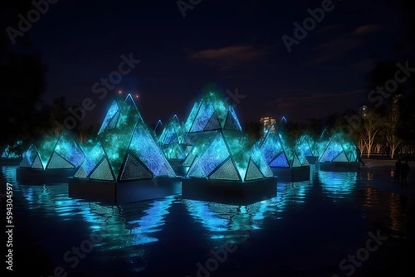 Fototapeta A Group Of Pyramids That Are Lit Up In The Dark Aquarium Environmental Art Aquariums Generative AI