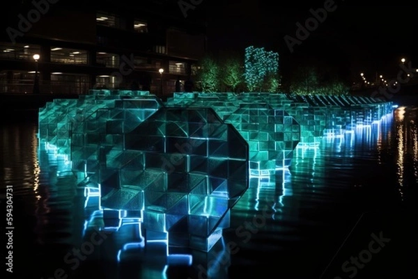 Fototapeta A Large Group Of Cubes That Are Lit Up In The Dark Urban Park At Dusk Kinetic Art Lighting Design Generative AI